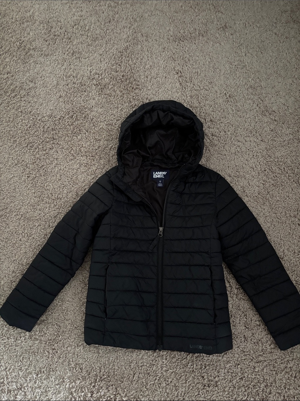 Lands' End Kids Black Hooded Packable Puffer Jacket
